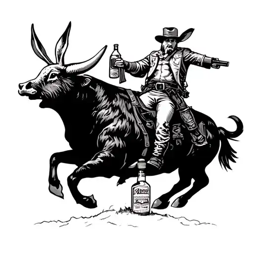 Buff Rabbit Riding A Buff Bull With A Gun And Bottle Of Whiskey In His Hand
