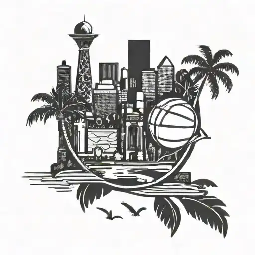 A New Orleans Skyline Silhouette With A Basketball Motif Integrated Into The Cityscape