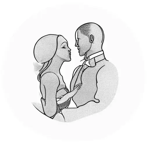 A Silhouette Of A Couple Embracing With A Heart-shaped Moon In The Background