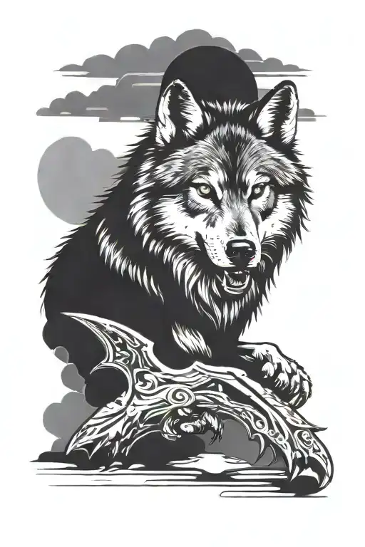Wolf Snarling With A Dagger In Its Mouth