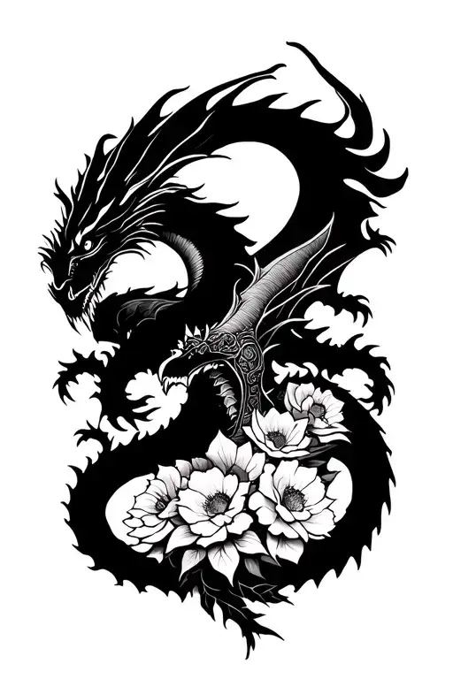 Knight Fighting Dragon Surrounded By Flowers Blooming