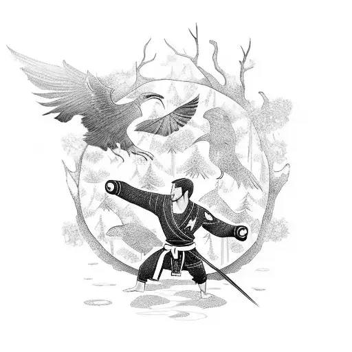 A Fierce Martial Arts Warrior Surrounded By Ravens In A Forest