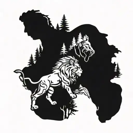 A Dad Hiking With A Lion Companion Through A Forest