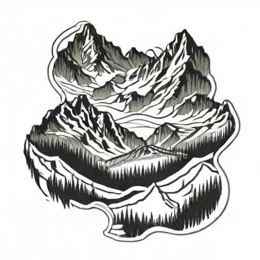 A Mountain Range Silhouette With Ski Tracks Weaving Through It