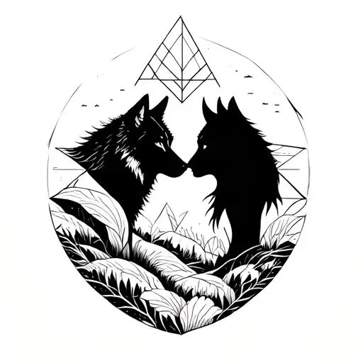 A Blackwork Geometric Tattoo Of A Wolf And Human Facing Off In A Nature-inspired Design