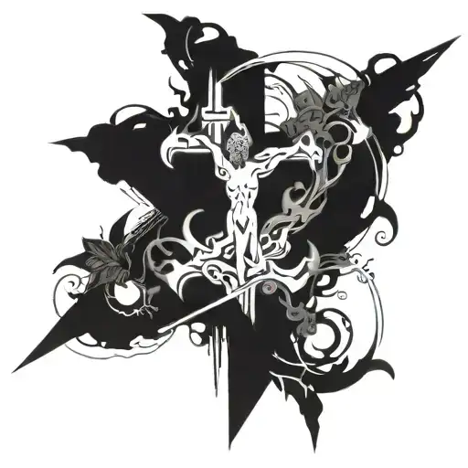 An Abstract Representation Of A Mythological Scene With A Hidden Cross Element