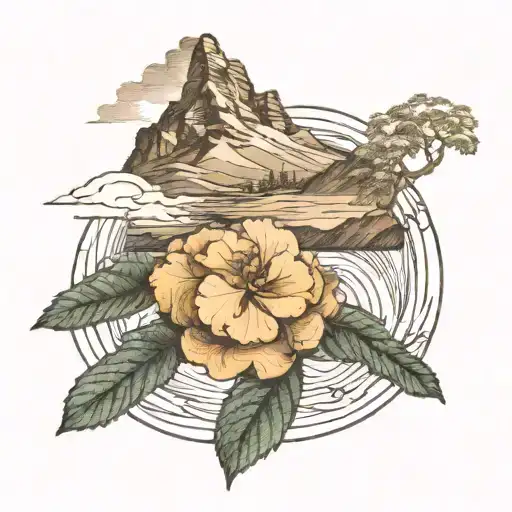 A Swirl With A Hydrangea Flower And Mountains In The Background