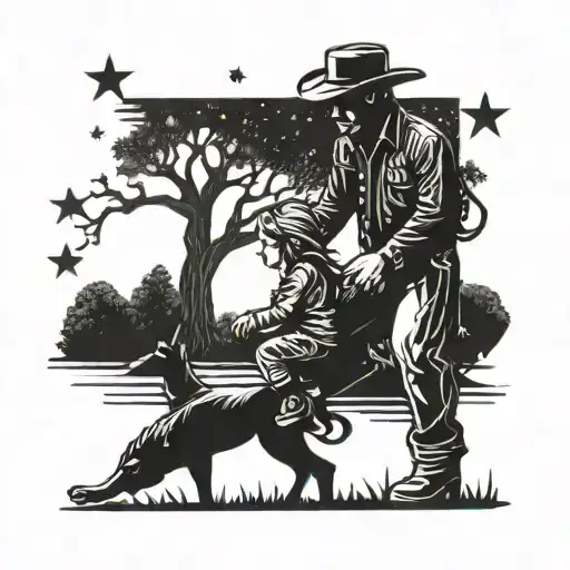 Cowboy Kneeling Down With A Little Girl Running To Him Underneath A Tree And Stars