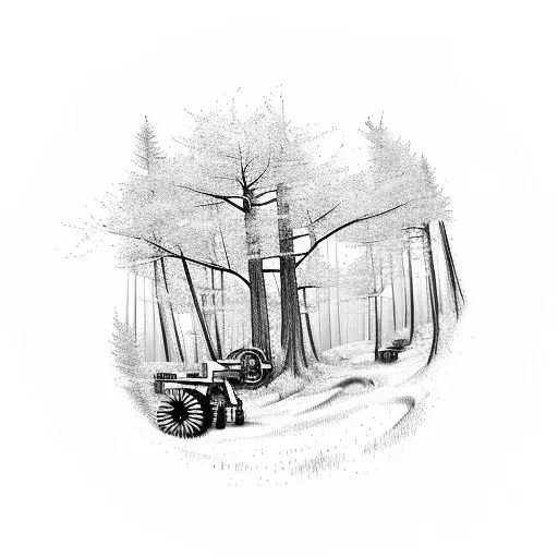 A Forest Landscape With Mechanical Farm Equipment Integrated Into The Scenery