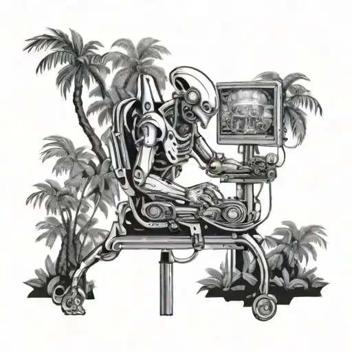 A Futuristic Alien Engineer Working On A Complex Machine Surrounded By Tropical Trees And Plants