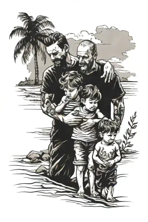 Father With His Two Kids On The Beach