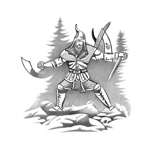 A Fierce Viking Warrior Hunting A Mythical Creature In The Woods