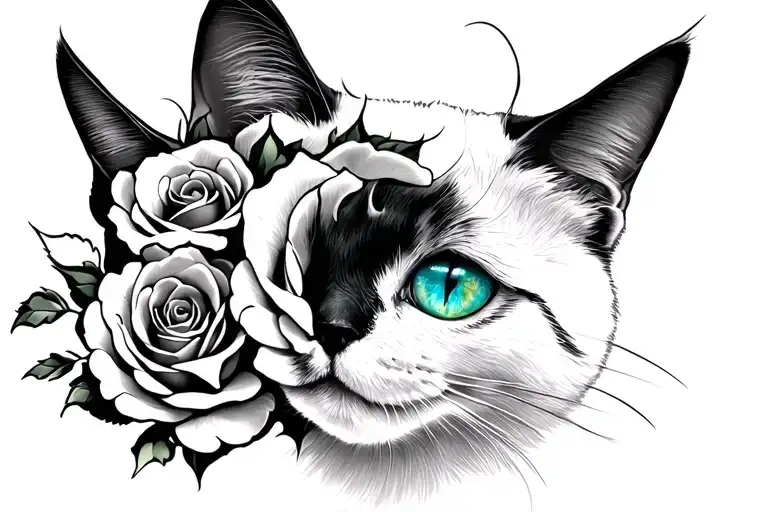 All White Cat Green Eye Blue Eye Black Roses