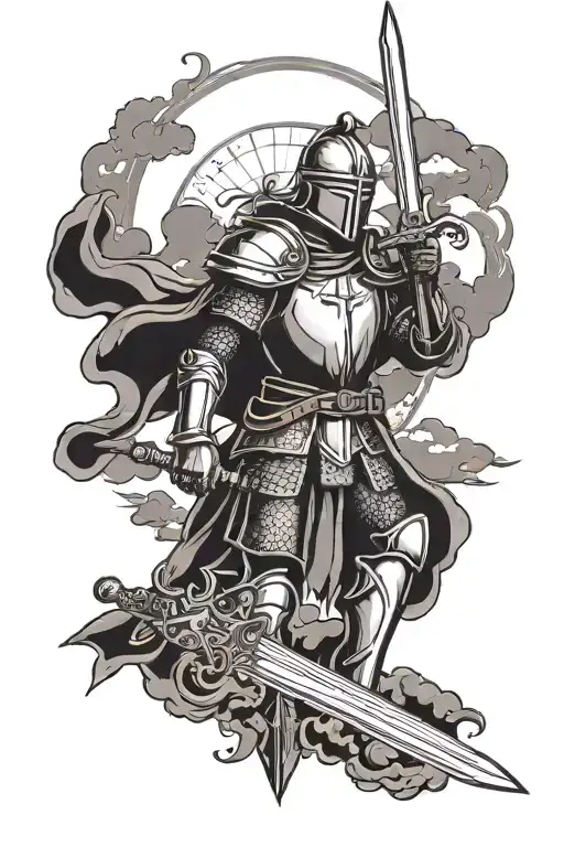 Medieval Knight Holding Sword Underneath A Dark Sky With A Sun Piercing The Clouds