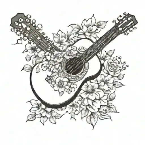 A Tattoo Of A Traditional Portuguese Guitar Surrounded By Summer Flowers