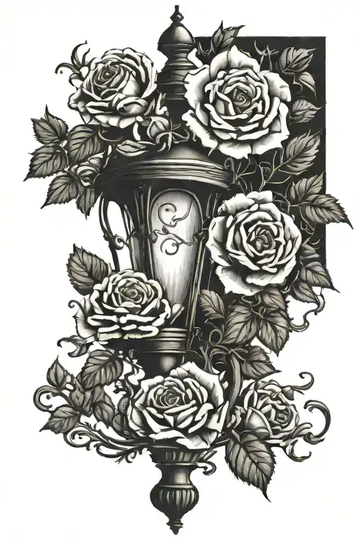 Antique Lamp Post With A Vine Of Roses
