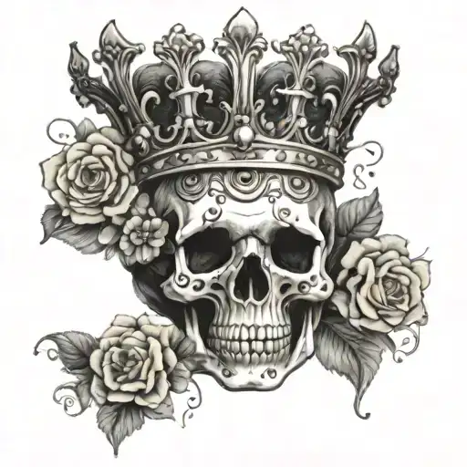 A Skull Wearing A Crown Of Flowers Surrounded By Intricate Jewelry
