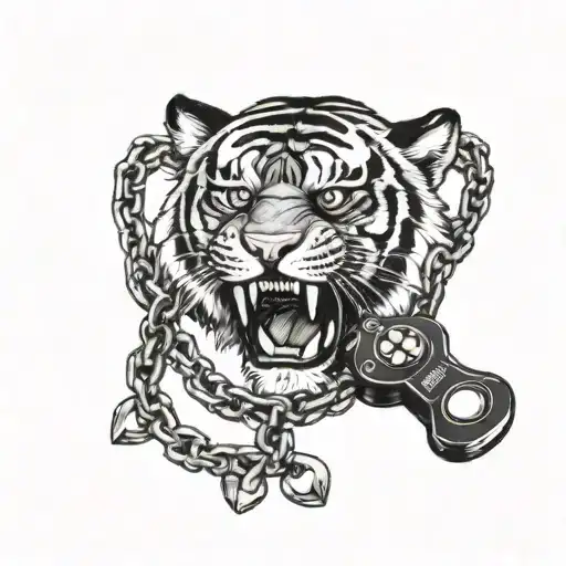 A Chain Wrapped Around A Joystick With A Tiger Head As The Centerpiece