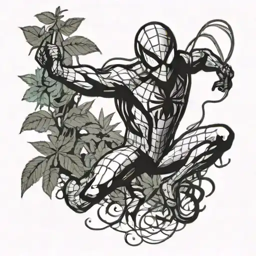A Psychedelic Spider-man Swinging Through A Smoky Marijuana Leaf Forest