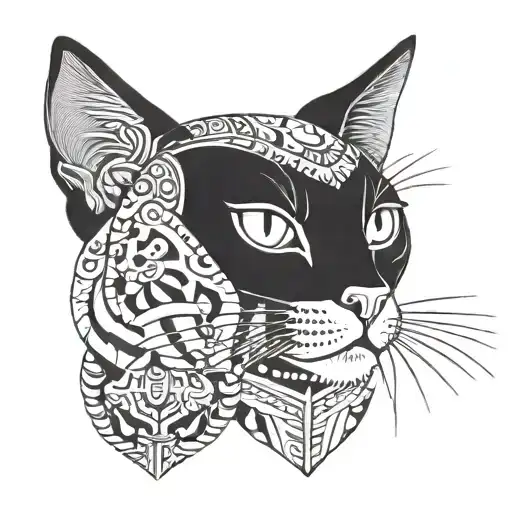A Realistic Portrait Of A Cat With Aztec Symbols Incorporated Into The Design