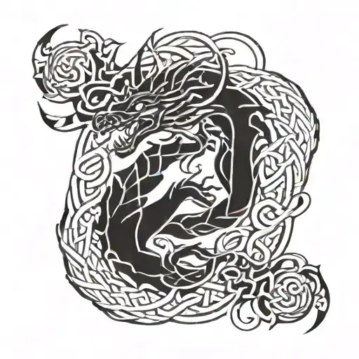 A Mythical Dragon With Two Heads Intertwined With Intricate Celtic Knots