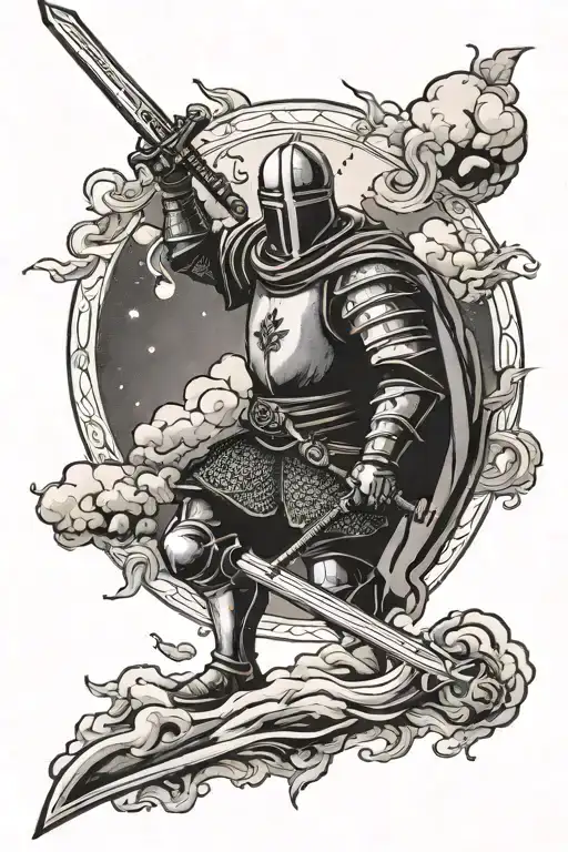 Medieval Knight Holding Sword Underneath A Dark Sky With A Sun Piercing The Clouds