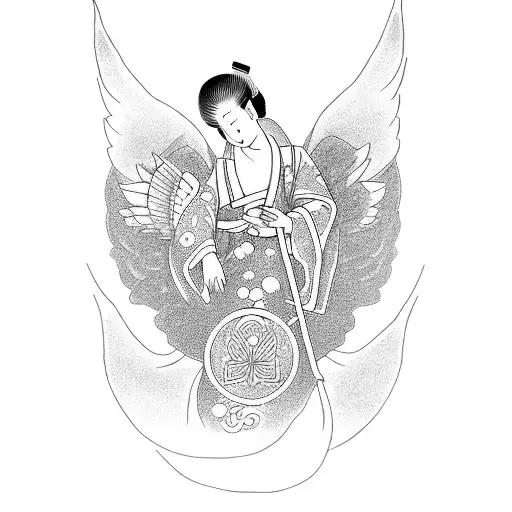 A Dotwork Tattoo Of A Traditional Japanese Angel Holding A Cloud Filled With Medicine Symbols
