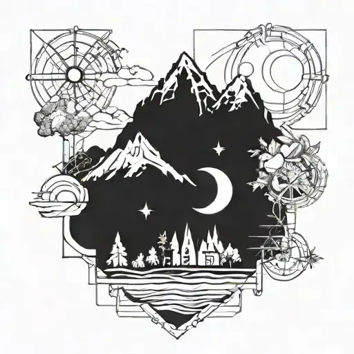 A Tattoo Of A Civil Engineer's Blueprint Incorporating Elements Of Nature And Mountains