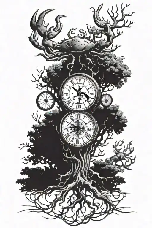 Tree With Clock And Zodiac Crab Surrounded