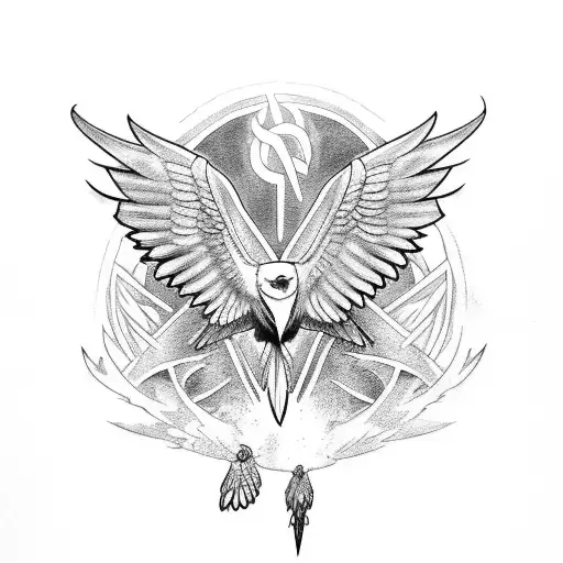 Raven With Open Wings And Odin