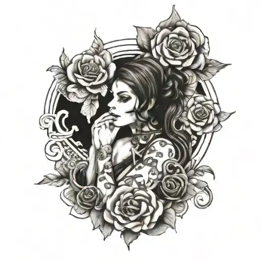 A Tattoo Design Featuring A Beautiful Woman Surrounded By Symbols Of Death And Love Intertwined