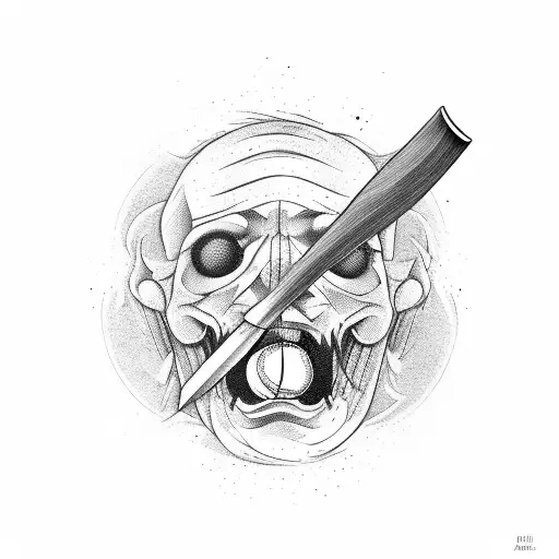 Baseball Bat And Ball With A Butcher Knife Crossed Behind Them