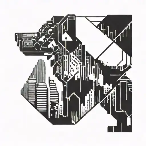 A Cyberpunk-inspired Tattoo Featuring A Pixelated Dog In A Futuristic Cityscape