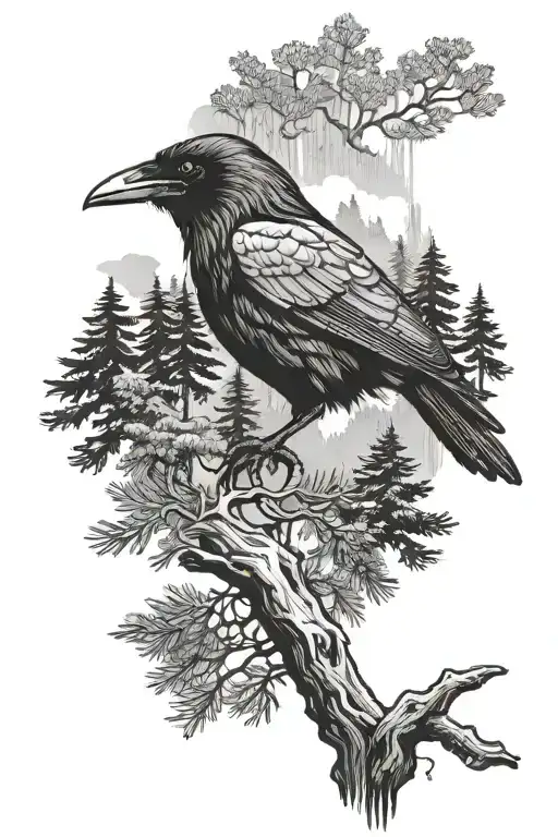 Raven Against The Background Of A Coniferous Forest