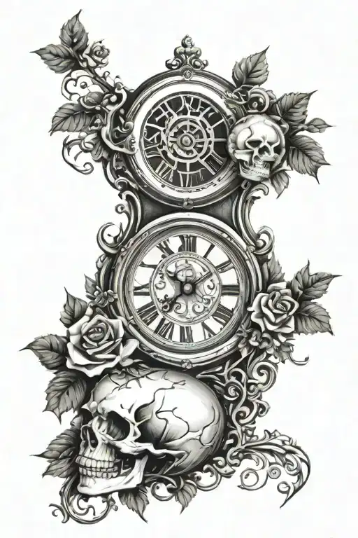Clock On The Top And Skull On The Bottom Covered With A Vine With Thorns