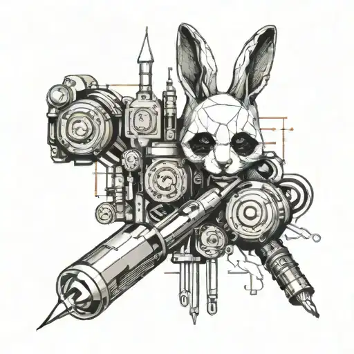 Combine Elements Of An Engineer's Tools With A Rabbit And Panda Motif In A Blackwork Design