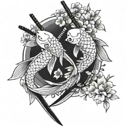 Two Crossed Katanas With A Koi Fish On Each Side With Cherry Blossoms Around