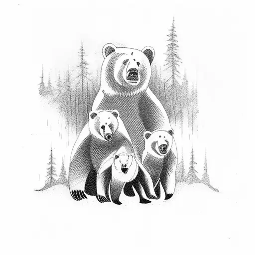 A Bear Family Hunting In A Forest
