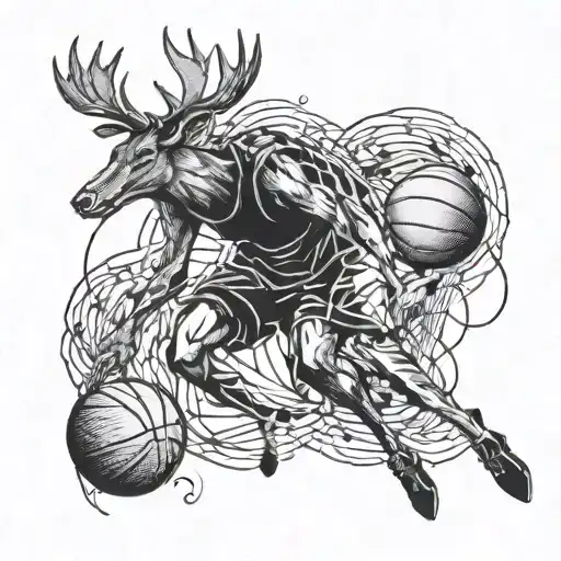 A Basketball Player Dribbling A Ball With A Deer Jumping Over Them