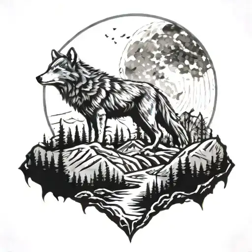 A Detailed Mountain Landscape With A Silhouette Of A Wolf Howling At The Moon