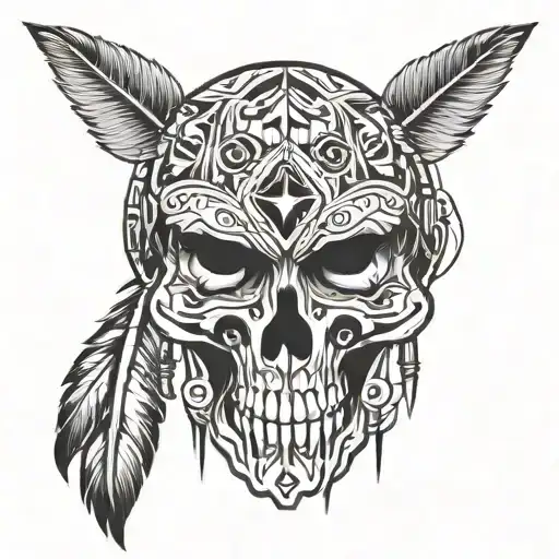 A Skull With Native American Tribal Patterns And Feathers