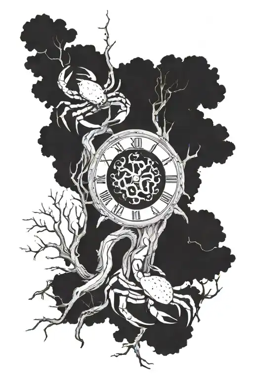 Tree With Zodiac Crab Mixed And Clock Hands Pointing To 3 And 6