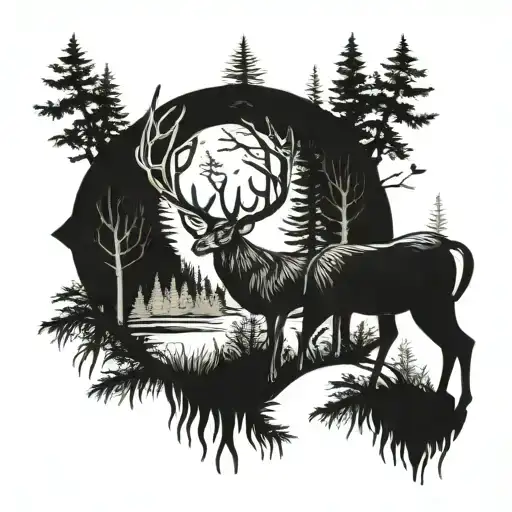 A Detailed Blackwork Tattoo Of A Majestic Deer In A Dense Forest Setting