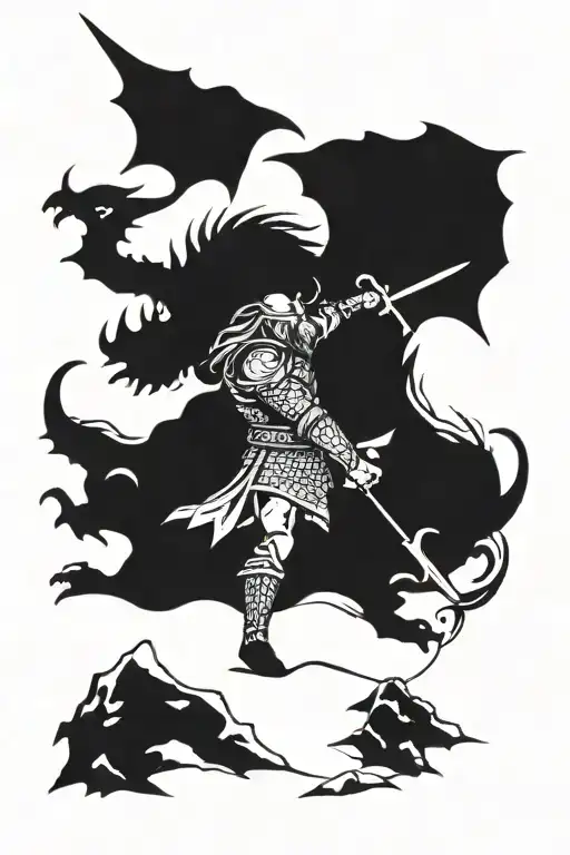 A Blackwork Tattoo Of A Viking Warrior Battling A Dragon In A Snowy Landscape