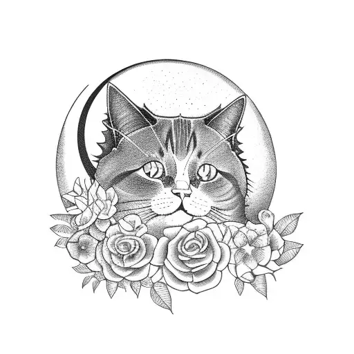 Cat With Moon And Flowers