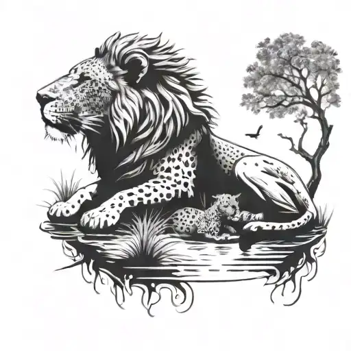A Lion And Cheetah Jamming Out To Music In A Pool Surrounded By Nature