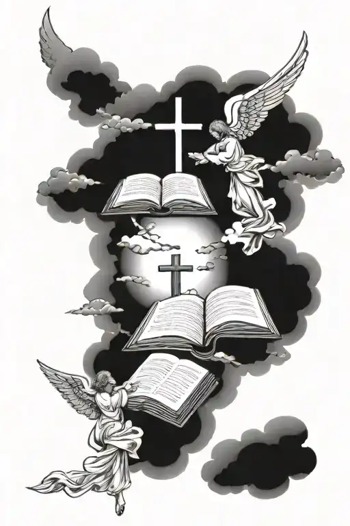 Clouds Floating With And Angels Flying Together God Praying And Crosses And Bible Berses
