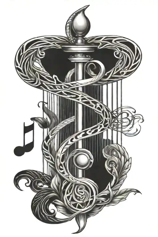 A Caduceus Symbol Intertwined With Musical Notes And Soundwaves
