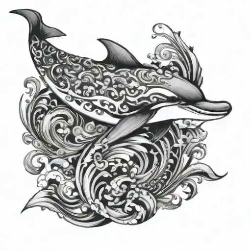 A Dolphin Tattoo With Filigree Wave Design