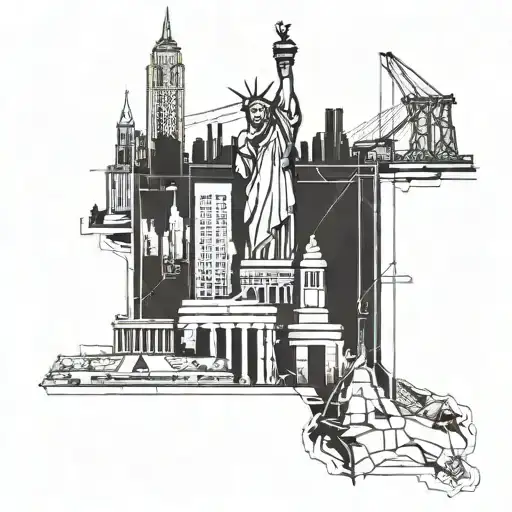 A Collage Of Iconic New York Landmarks In A Geometric Blackwork Style
